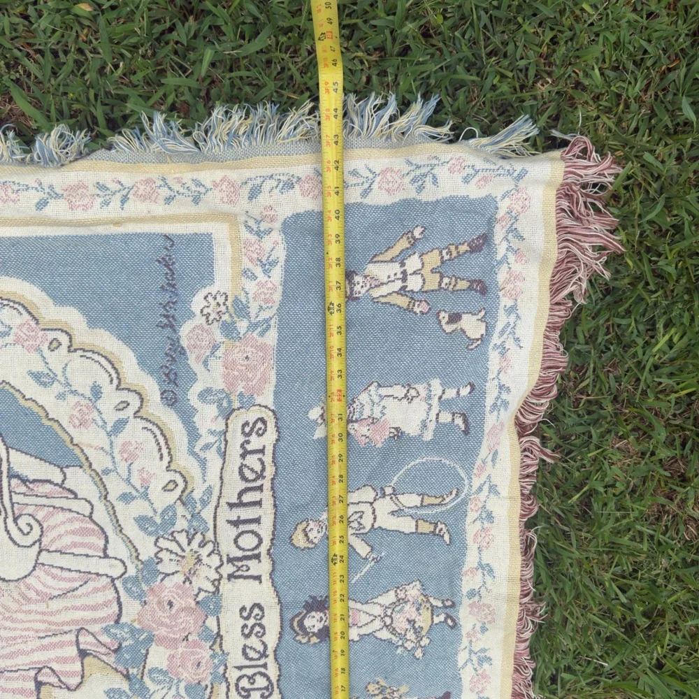 Vintage God Bless Mothers Woven Tapestry Throw Blanket Blue Pink Fringe 64x46